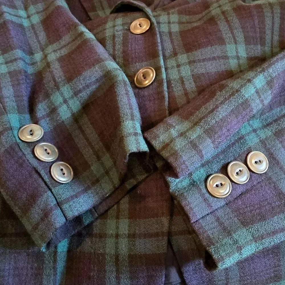Vintage 90s Linda Allard Ellen Tracy Tartan Knit Wool Blazer Size 10 Korea